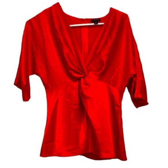 Ann Taylor, red satin twist, front blouse with elbow length sleeves size 0 - Picture 1 of 9